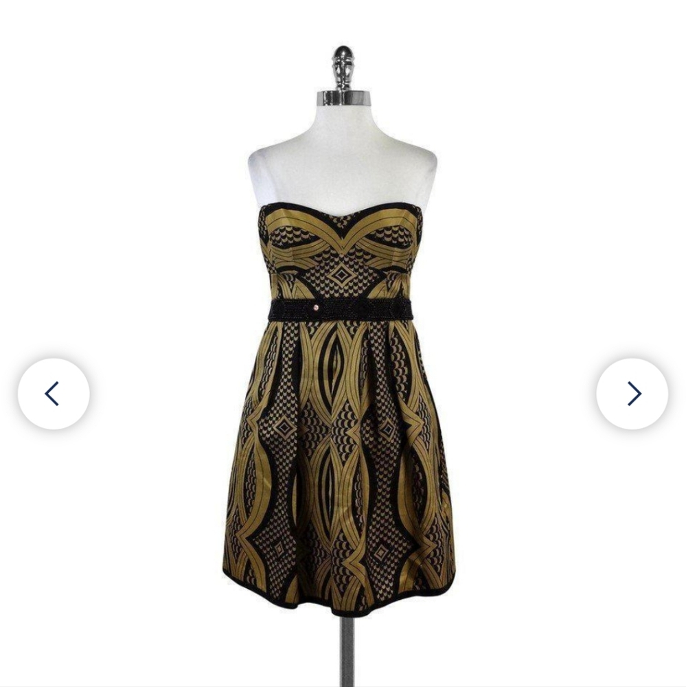 Nanette Lepore Black and Gold Strapless Patterned Cocktail Dress